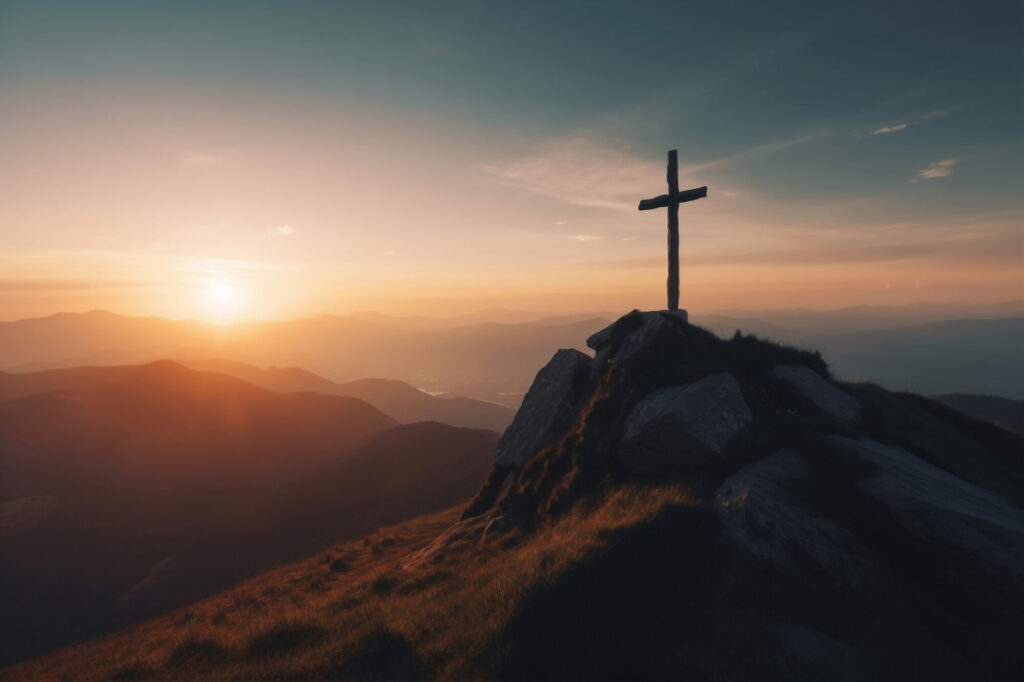 Cruz no alto de uma montanha ao pôr do sol